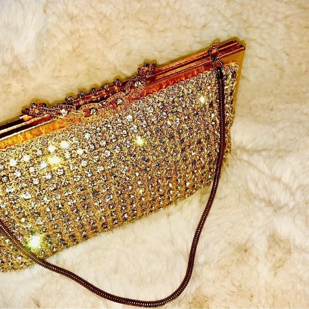 ♥️ Vintage Rhinestone Gold Women's Clutch Purse 60s Hong Kong